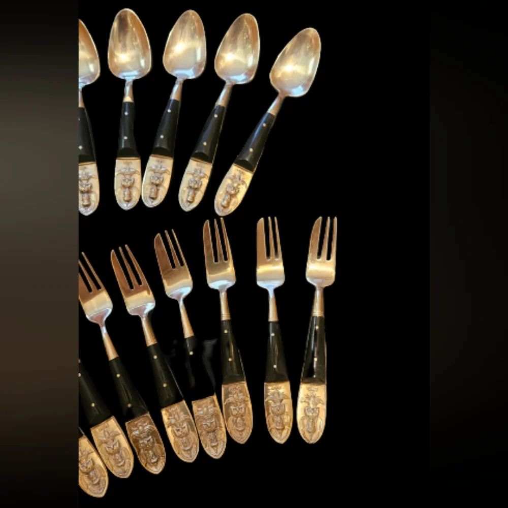 *Vintage SIAM 19 Piece Brass-Bronze Teak Flatware Set